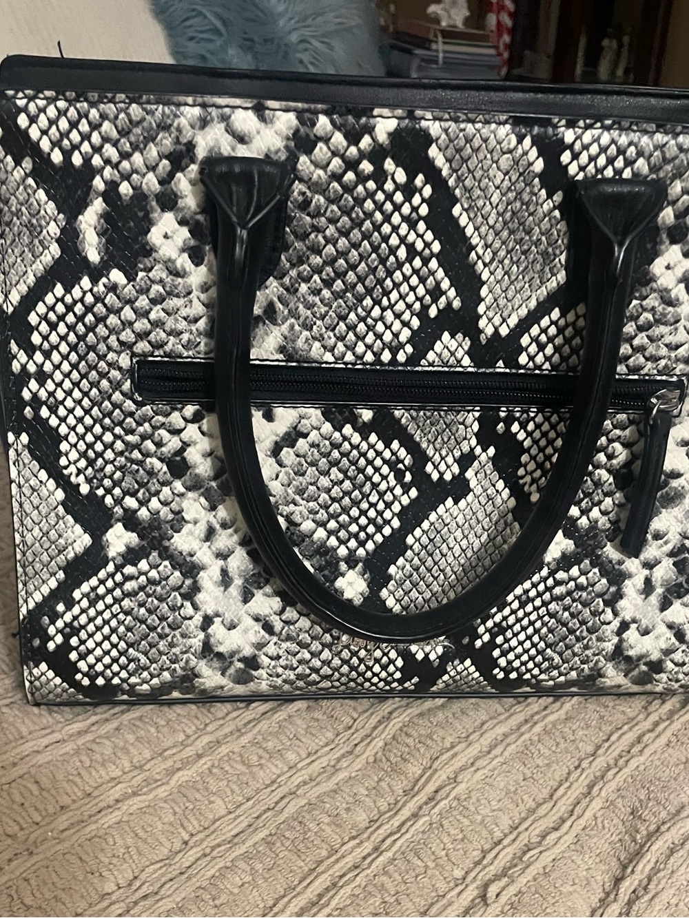 libby. edelman Black and White Snake-Print Tote with Black Handles